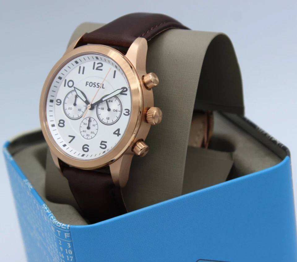 RELOJ BQ2374 NUEVO AUTÉNTICO FÓSIL FLYNN PILOTO CRONO ORO ROSA MARRÓN CUERO HOMBRE Foto 2 de 4