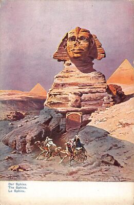 L384 Egypt The Sphinx Camels Bedouins painting signed F Perlberg postcard