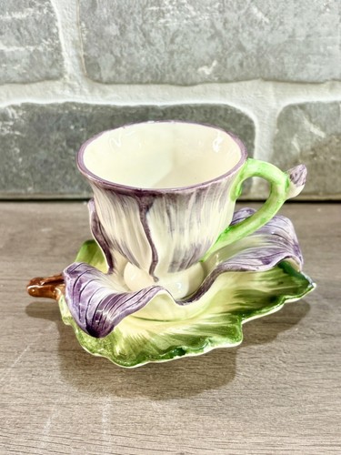 Vintage Lego Purple & Yellow Flower Tea Cup And Saucer Demitasse Cup W/ Tea Pot - Picture 5 of 18
