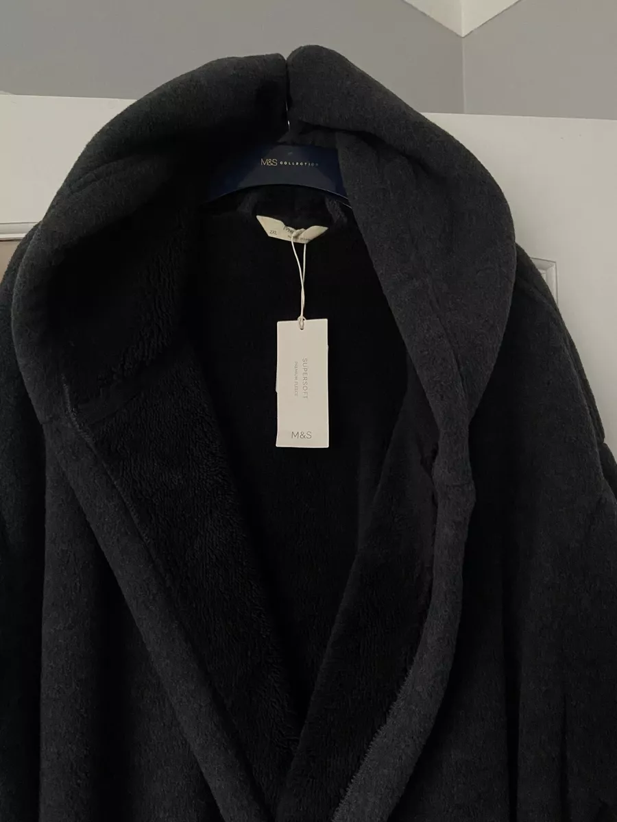 BNWT M S MENS GENTS DARK GREY BLACK BORG HOODED DRESSING GOWN XL 2XL