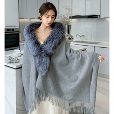 Real Wool Cashmere Ponchos with Fox Fur Collar Cape Women's Fur Shawl Wrap