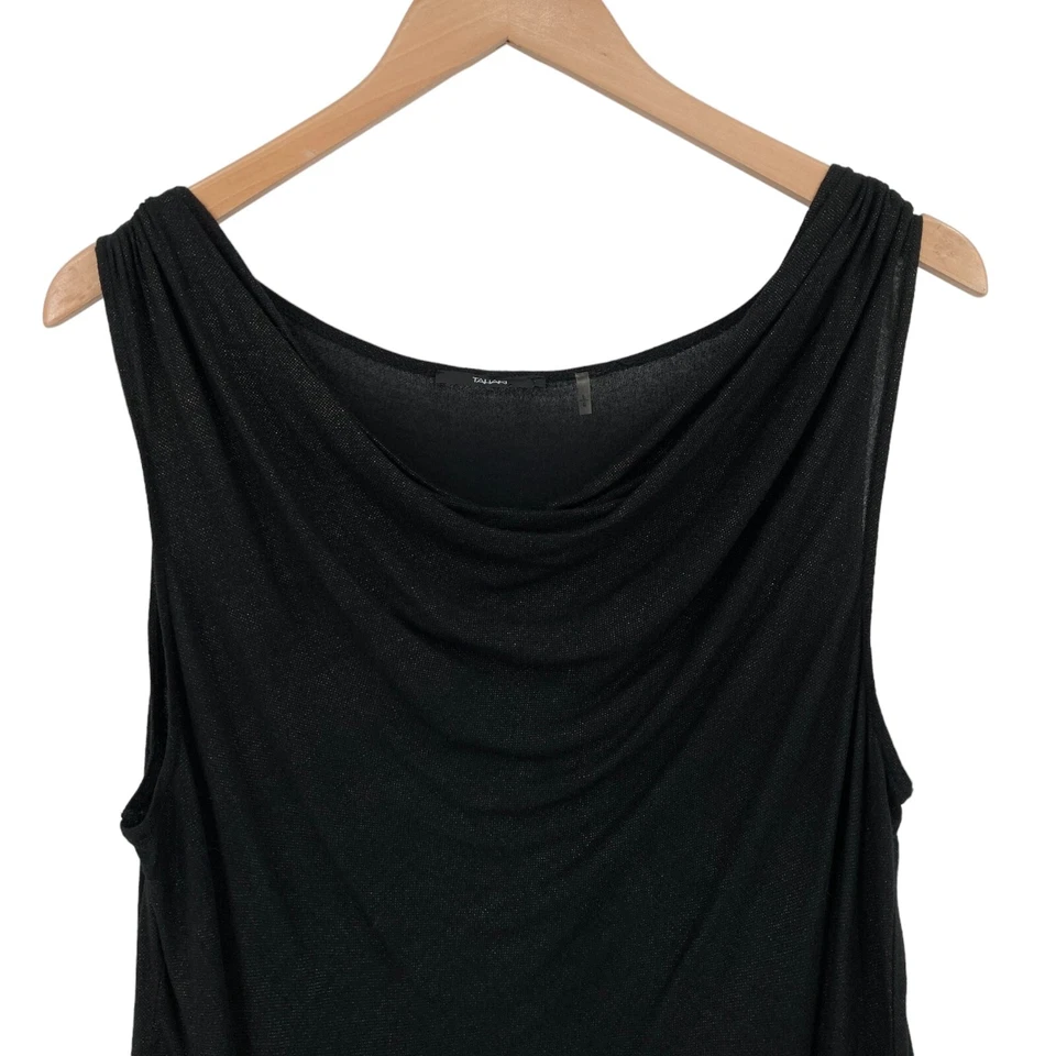 Camiseta sin mangas Tahari para mujer grande negra brillante viscosa sin mangas drapeada capucha cuello Foto 4 de 4