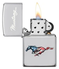 ZIPPO "FORD MUSTANG" POLISHED CHROME COLOR ENGRAVED LIGHTER ** NEW **