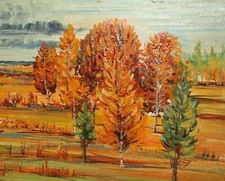 Impressionist oil painting landscape birches in the field, signed