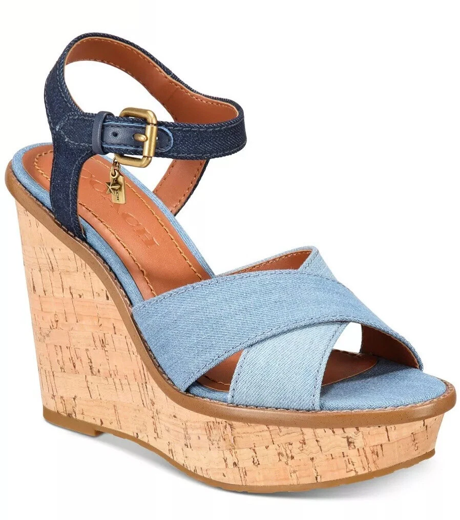 New Coach Wedges cross band Shoes sandals dark denim platform