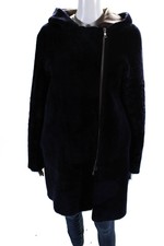 Sandro Womens Leather Shearling Double Zip Hooded Coat Blue Size 2