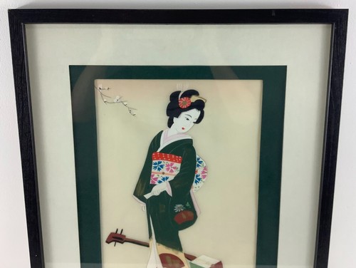 Framed Signed Japanese Painting On Silk Woman Geisha Tapestry Artwork 17"x21" - Picture 3 of 6