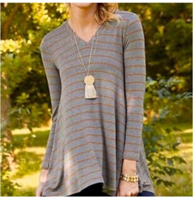MATILDA JANE Charcoal Gray/Orange Striped Windsong Tunic, Size Small