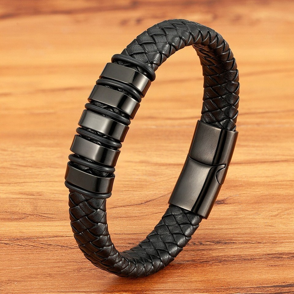 Men's Vintage Woven Leather Bracelet Magnetic Clasp Trendy Black Braided Leather Wristband I.196214868