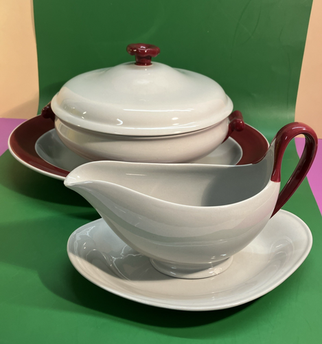 Wedgwood Windsor grau burgunderrot (50er) Set: Platte, Auflaufform, Sauciere