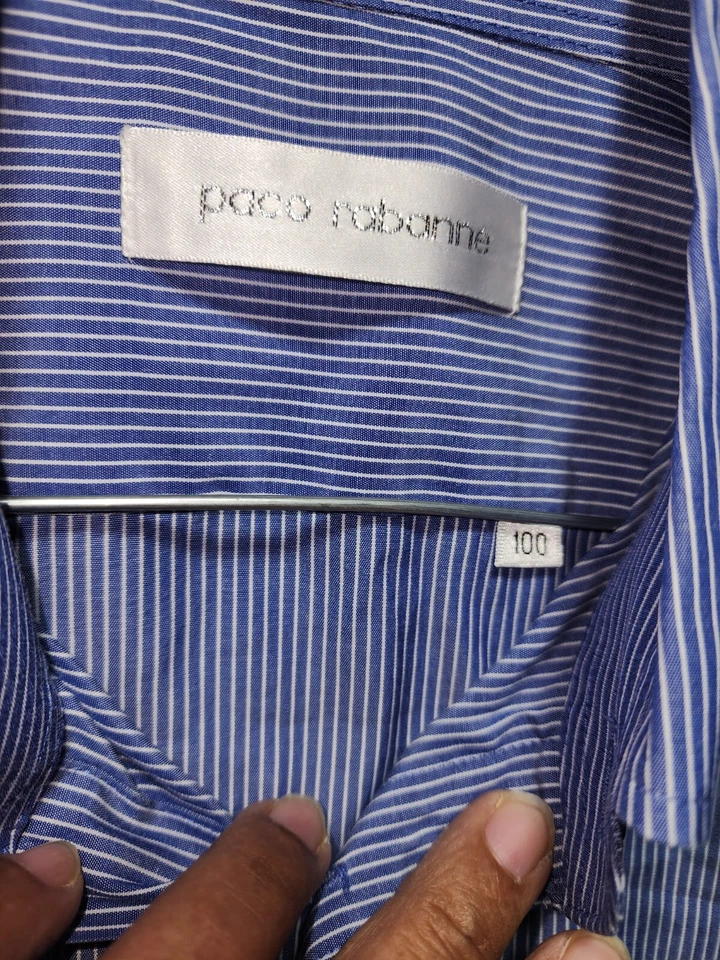Paco Rabanne Shirt Mens 100 Blue White Stripe Dress Solid Casual Adult Button Up - Image 3 of 4