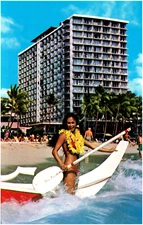 Outrigger Hotel on Waikiki Beach Honolulu Hawaii Gorgeous Woman in Lei Postcard