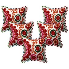 White Colorful Hand Embroidered Suzani Cushion Cover Set of 2 pcs Pillow Covers