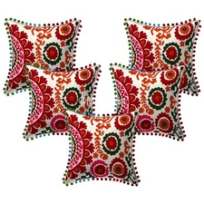 White Colorful Hand  Embroidered Suzani Cushion Cover Set of 2 pcs Pillow Covers