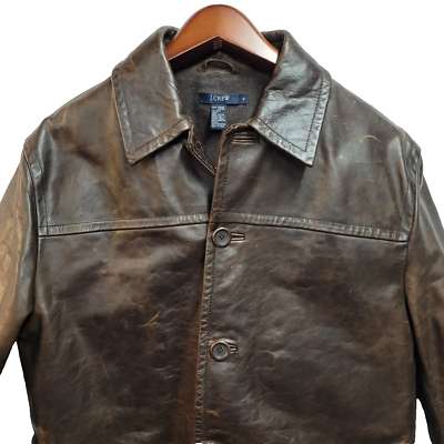 Vintage J Crew Brown Leather Coat Jacket Button Closure Car Coat