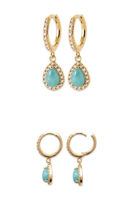 Boucles d'oreilles créoles pendantes or et pierre fine naturelle amazonite