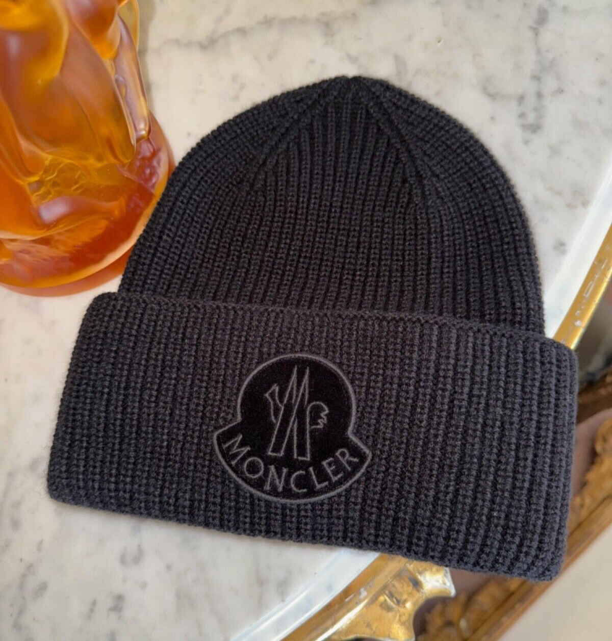 Moncler Black Knit Beanie with Velvet Logo - Retail $375 - New