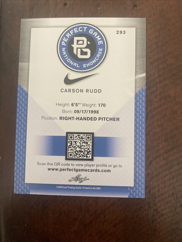 CARSON RUDD 2016 LEAF "PERFECT GAME" ALL-AMERICAN #293 IP AUTO REDS STANFORD - Picture 4 of 4