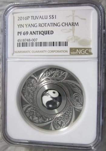 2016 P TUVALU YIN YANG Rotating Charm ANTIQUED NGC PF 69  1oz Silver $1