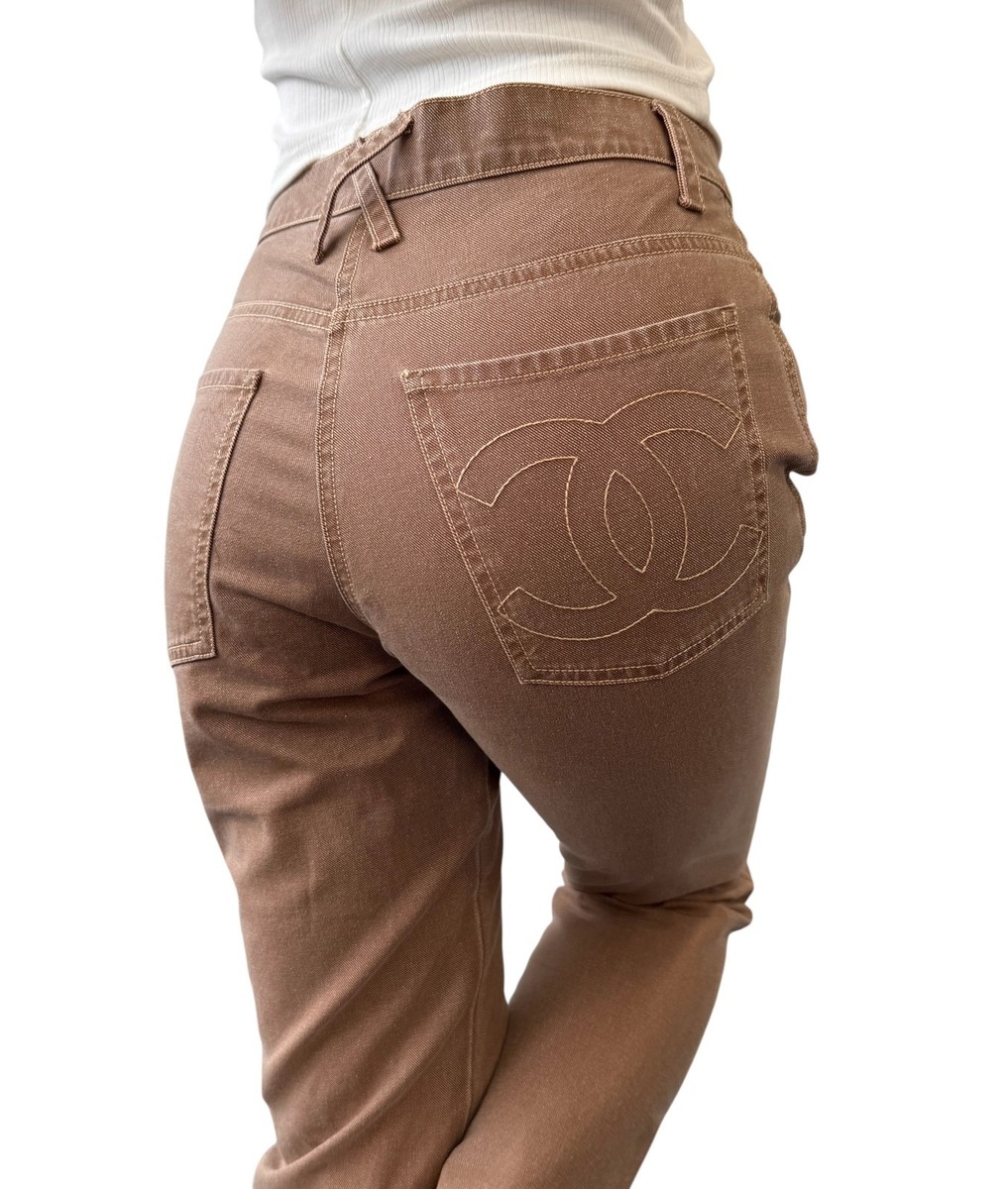 CHANEL Vintage 06P CC Mark Logo Cotton Denim Pants #36 Brown White