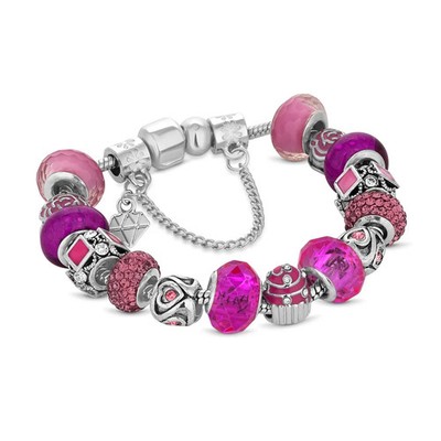 Diamond Style Charm Bracelet Pink Silver 15 Charms 115 Crystals Bracelet 19.5cm