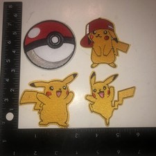 4 Pikachu Red Hat Pokeman Anime Patch, Iron On/Sew On Poke ball Lot Cartoon P