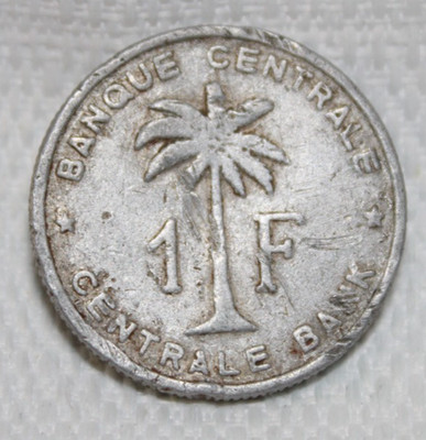 1958 Belgian Congo / Ruanda-Urundi   1 Franc Coin   Banque Centrale   Palm Tree