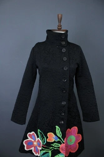 Desigual Black Cotton Floral Jacquard Embroidery Button Long Coat Size 40
