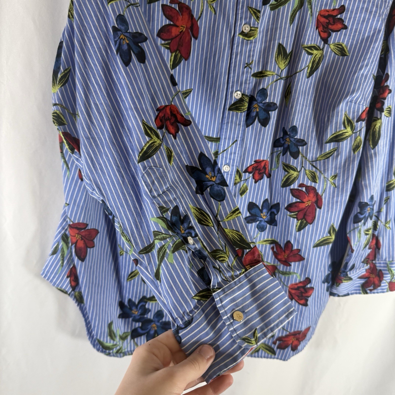 Lauren Ralph Lauren Blouse Women's 2X Blue Striped Floral Button Up Long Sleeve thumbnail 4