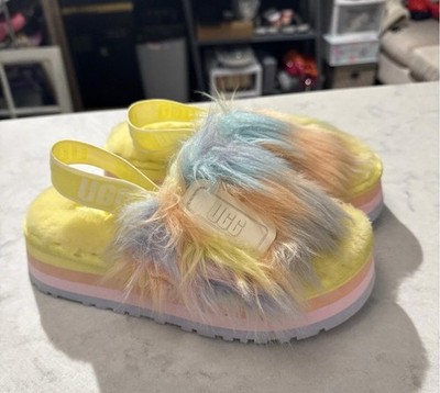 NWOB - UGG  FLUFF Yellow/ Pink SHEEPSKIN SLIPPER SANDALS - Size 7
