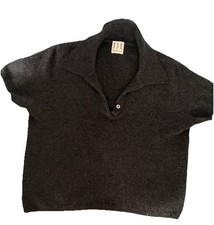 TSE Cashmere Crop Baby Pullover Short Sleeve Henley Charcoal Sweater S