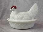 Vintage White Milk Glass Hen on Nest Covered Dish - Basketweave Base - AS IS