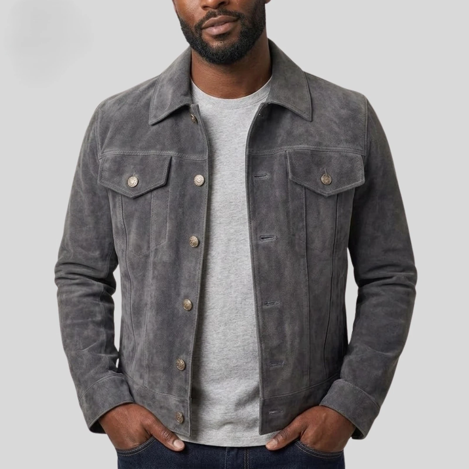Suede Leather Trucker Jacket Men Charcoal Grey Classic Fit Cargo Pockets Custom