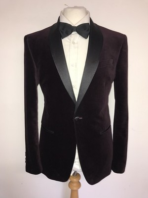 TED BAKER - Herren Slim Fit Burgunder Samt Smoking Sakko - 38 Reg - EINMAL GETRAGEN