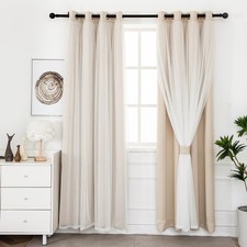 Beige Blackout Curtains with Sheer Overlay - Grommet Top Thermal and Noise Re...