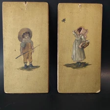 Antique 1890s Hand Painted Wooden Plaques Victorian Children Folk Parlor Art 