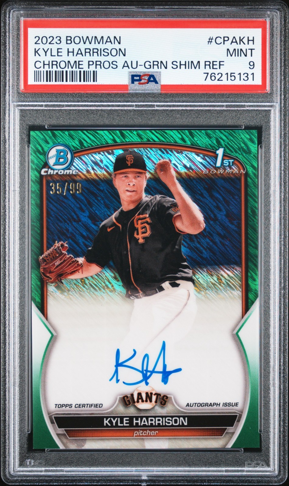 Kyle Harrison 2023 Bowman Chrome 1st Auto Green Shimmer Refractor /99 PSA 9