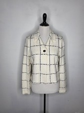 ST. JOHN Black Label Check Tweed Jacket Women Size 6 Stripe Cream Navy Excellent