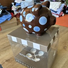 ELEGANT BABY 'My First Piggy Bank' Ceramic Chocolate Brown Polka Dot Blue