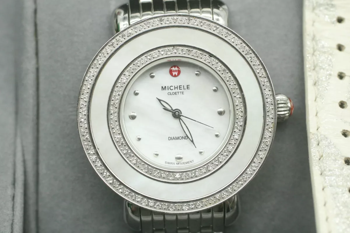 MICHELE WATCH CLOETTE WHITE LEATHER AND STELL BANDS DIAMONDS
