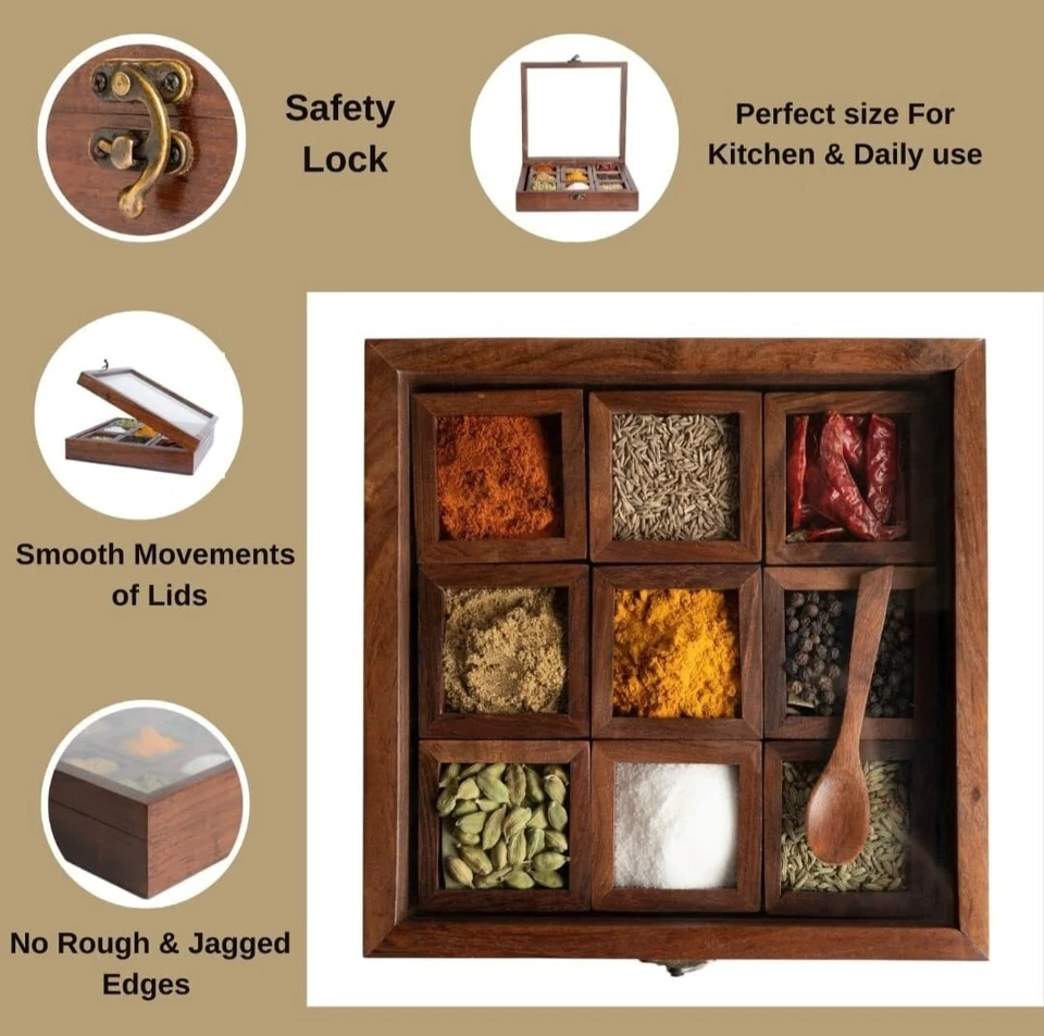 Sheesham Wood Spice Box – 9 Section Masala Dabba Storage Container with Spoon - Image 4 of 4
