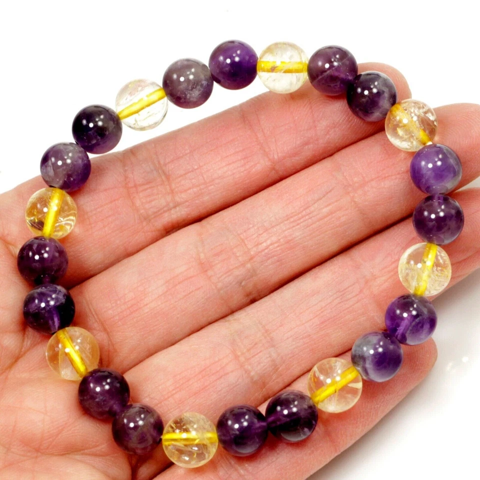 Pulsera de ametrino cuentas redondas piedras preciosas curativas púrpura y amarillo elástico Foto 2 de 4