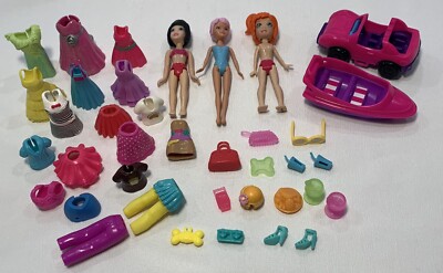 Polly Pocket Lot - 3 Dolls /Car /Boat /Accessories