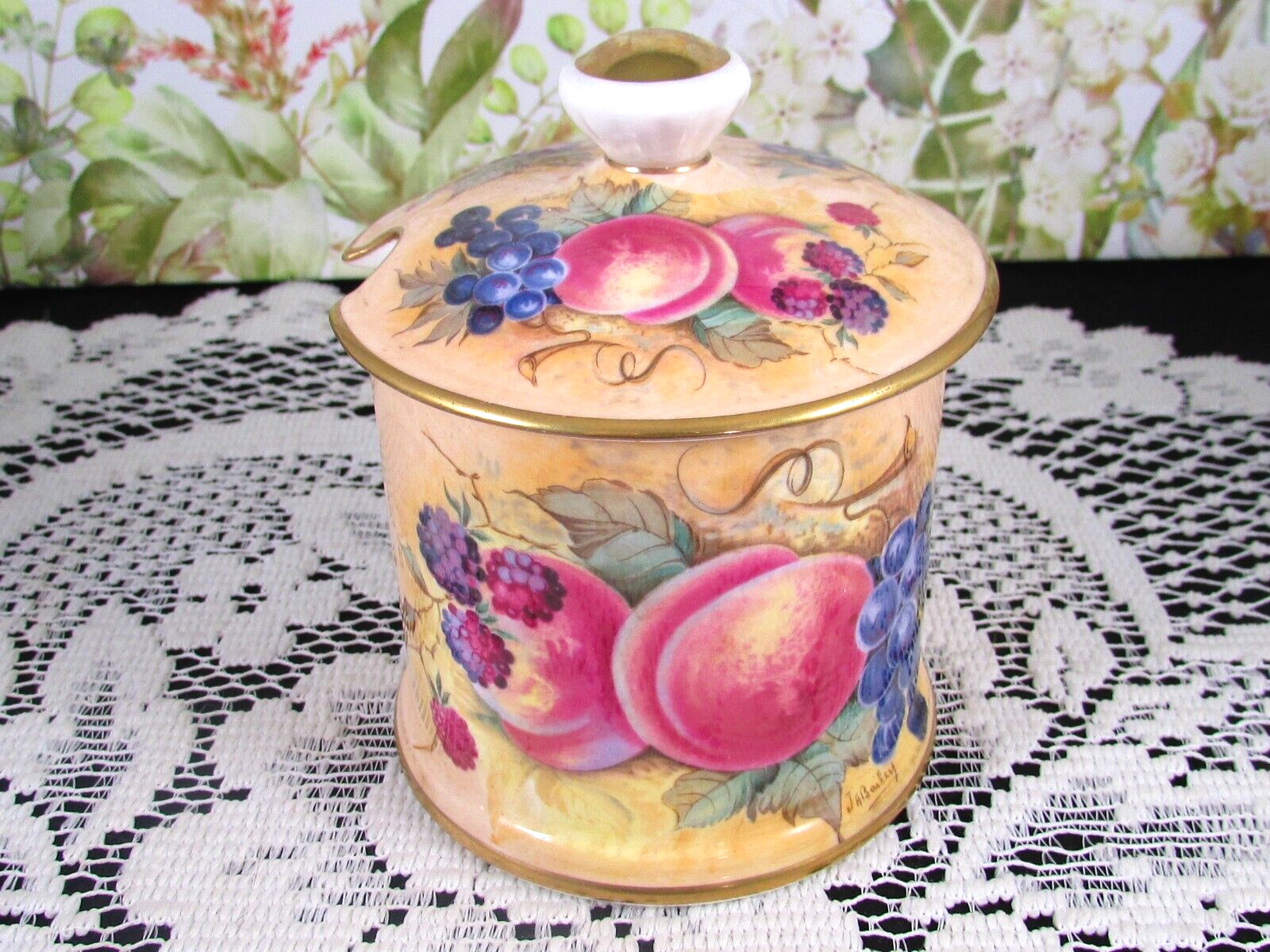 CROWN STAFFORDSHIRE ORCHARD GLORY SIGNED JA BAILEY PRESERVES OR JAM JAR