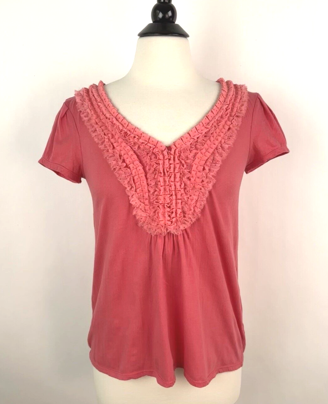 Anthropologie Ric Rac Vneck Chiffon Polka Dot Bib Top SMALL Coral Pink Pleated eBay