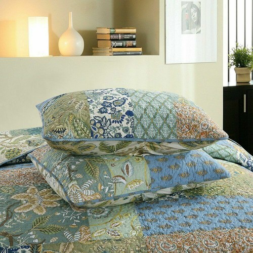 NEW!~ COZY COTTAGE CHIC BLUE TEAL YELLOW SAGE GREEN PALM TREE TROPICAL QUILT SET - Picture 8 of 8