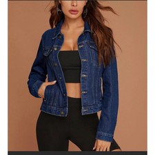 Dark Wash Blue Denim Jean Jacket Classic Button Up / Down Front Pockets