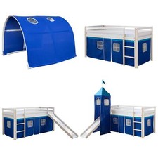 Hochbett Spielbett Kinderbett mit Rutsche Turm Vorhang blau 90x200 Homestyle4u