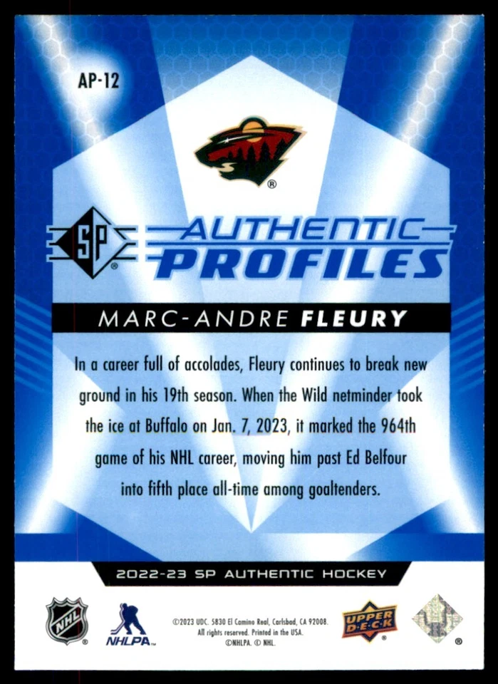 2022-23 SP Authentic Profiles Blue Marc-Andre Fleury #AP-12 - Image 2 of 2