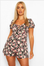 Womens Plus Floral Print Ruched Sweetheart Romper